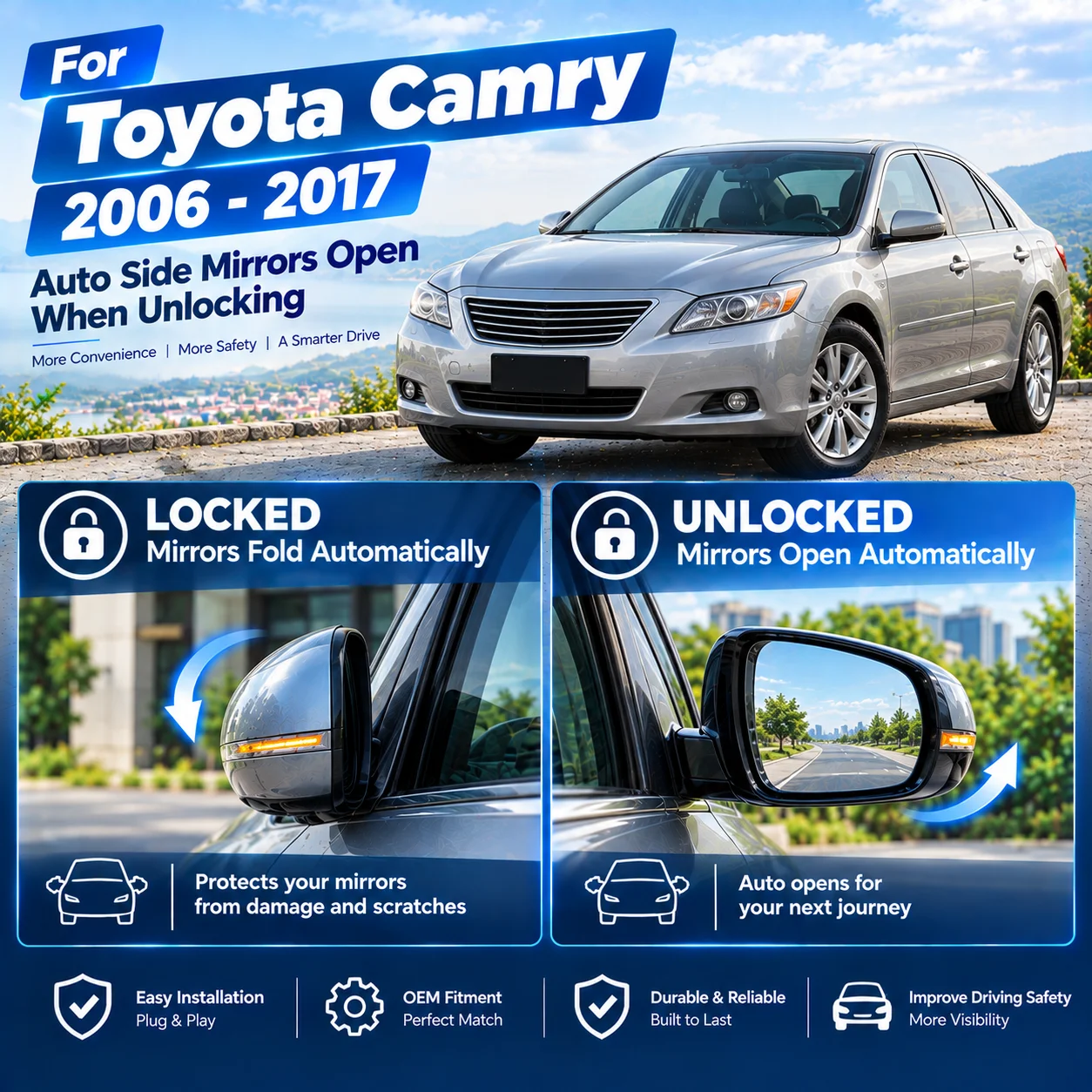 Automatic side mirror folding module for Toyota Camry (2006–2017 models): folds upon locking, unfolds upon unlocking.