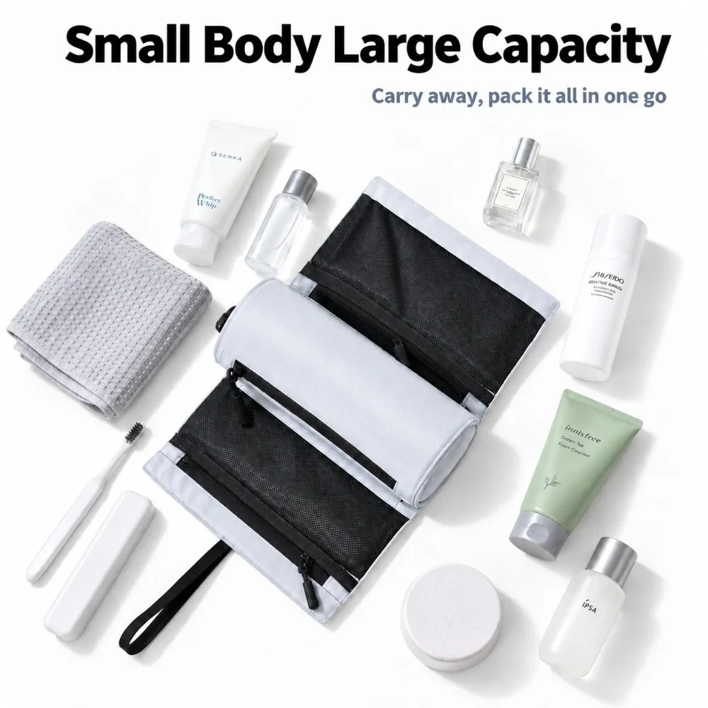 Convenient Roll Up Design Travel Toiletry Bag Mesh Pocket Dry Wet Separation Makeup Bag Large Capacity Cosmetic Pouch Outdoor