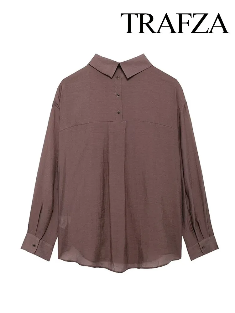 TRAFZA Women's Autumn Casual Shirts Brown Turn-Down Collar Long Sleeves Pockets Single Breasted Women Fashion Loose Blouse