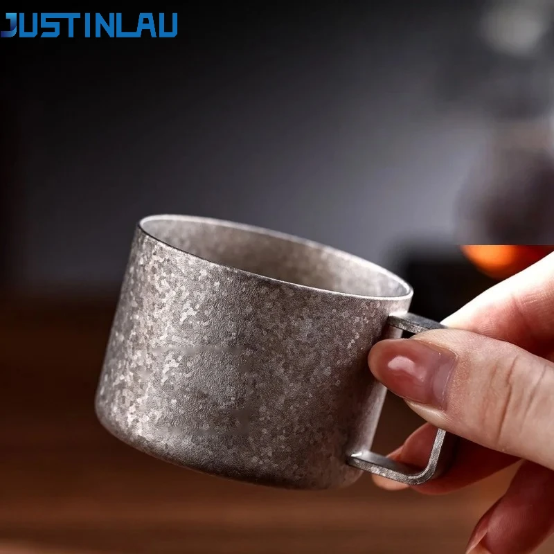 JUSTINLAU Pure Titanium Coffee Mugs 80ml Double-layer Water Cup with Fixed Handle Ultra-Light Portable Outdoor Camping Tumbler