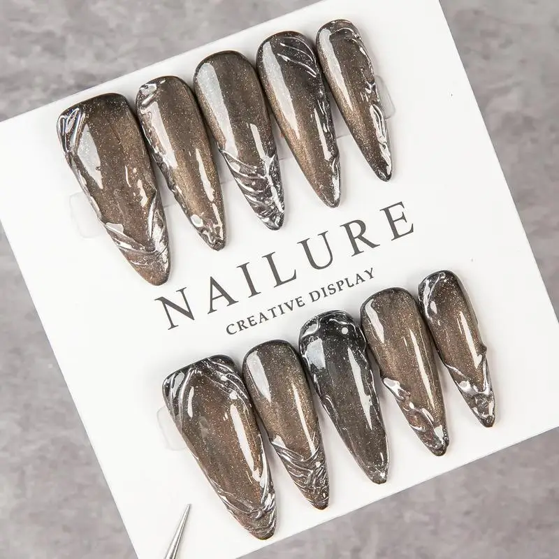 Handmade Long Stiletto Press On Nails Dark Brown Glitter Silver Swirl 3D Texture False Nails Reusable Wearable Nail Art