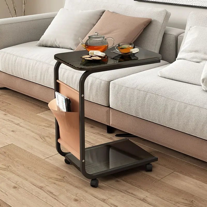 C-Shaped Side Table Vintage Wood Mobile 2-Tier Storage Rack with Casters for Living Room Sofa Laptop Snacks