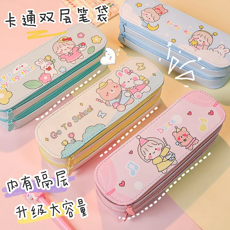 Kawaii Double Layer Pencil Case Large Capacity Waterproof Pencil Bag Korean Stationery box Children Pen Bag Cute School supplies