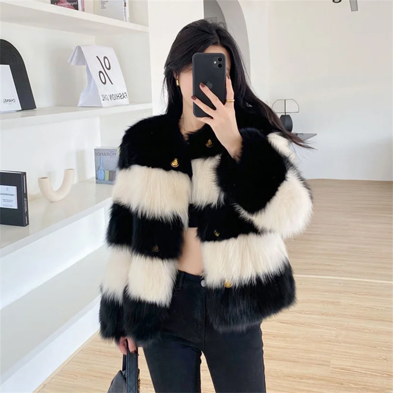 2024 Autumn Winter New Black White Contrast Small Fragrant Wind Fur Imitation Fur Coat Women's Advanced Sense Fashion Short Coat