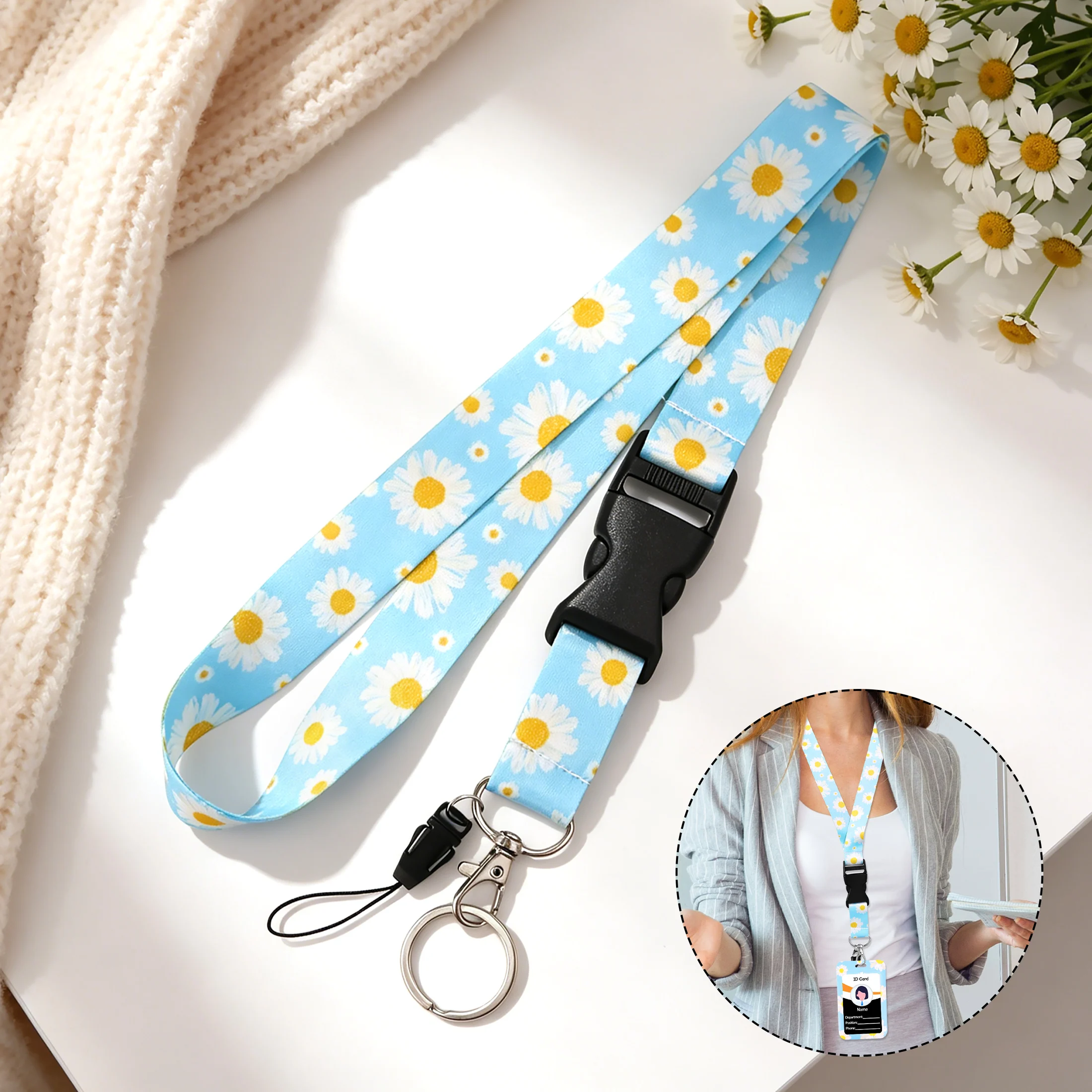 Cute Light Blue White Daisy Print Teacher Lanyard Polyester Neck Strap Keychain ID Badge Phone Lanyard School Office Supplies