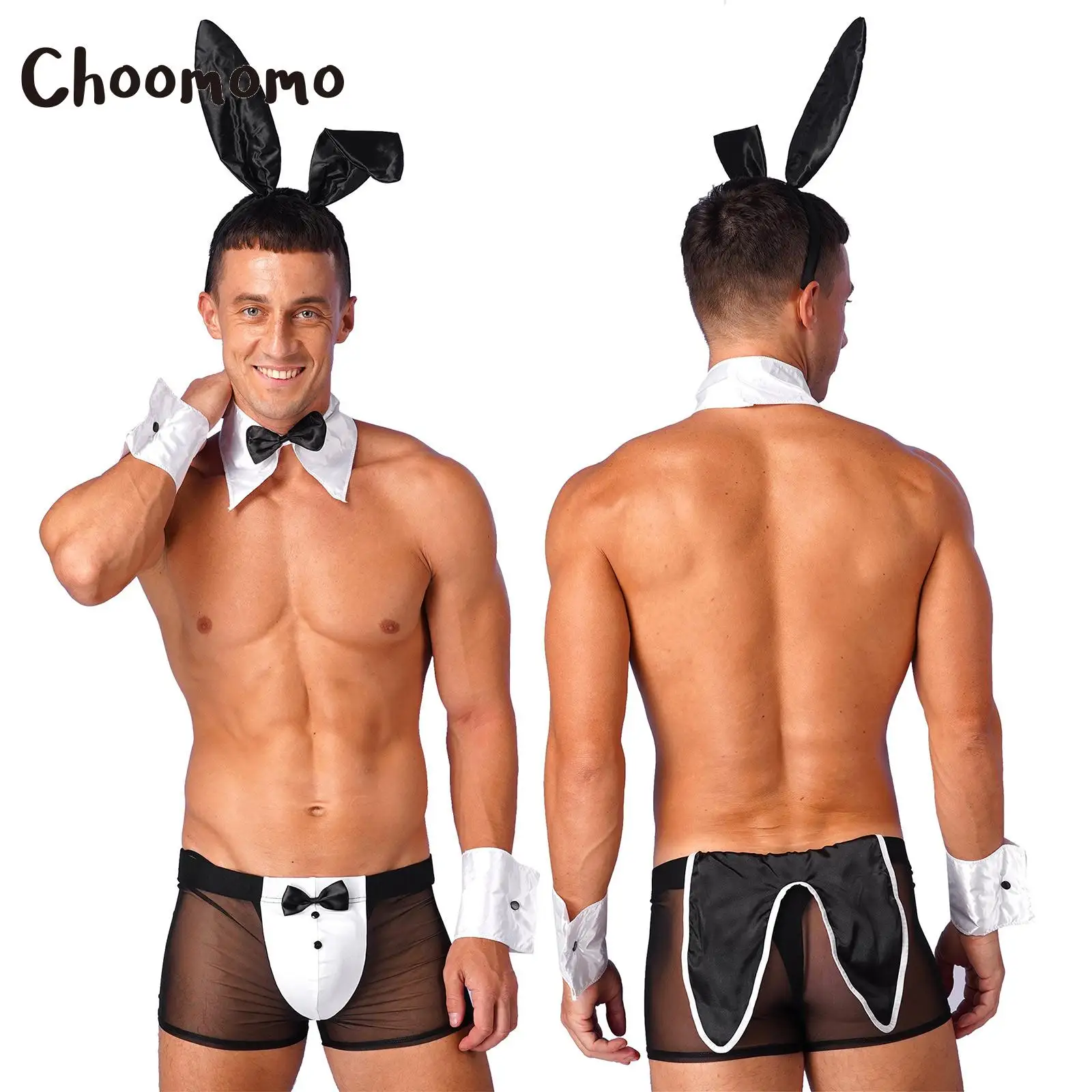 

Mens Waiter Cosplay Lingerie Set Bunny Cosplay Costume Tuxedo See Through Boxer Briefs with Bunny Ears Headband Collar Cuffs Set