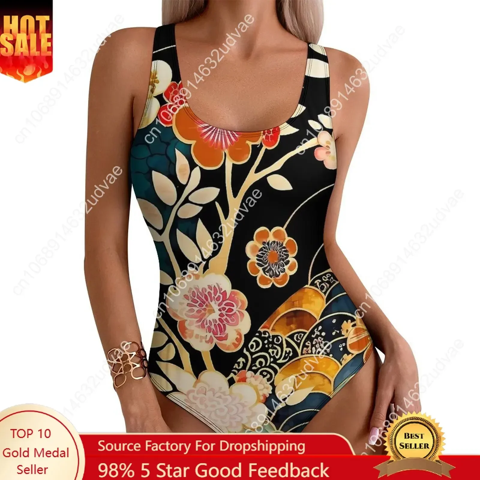 Japanese Art Swimsuit Sexy Floral Gold Wagara One Piece Swimwear Push Up Bodysuit Stylish Holiday Pool Beach Wear