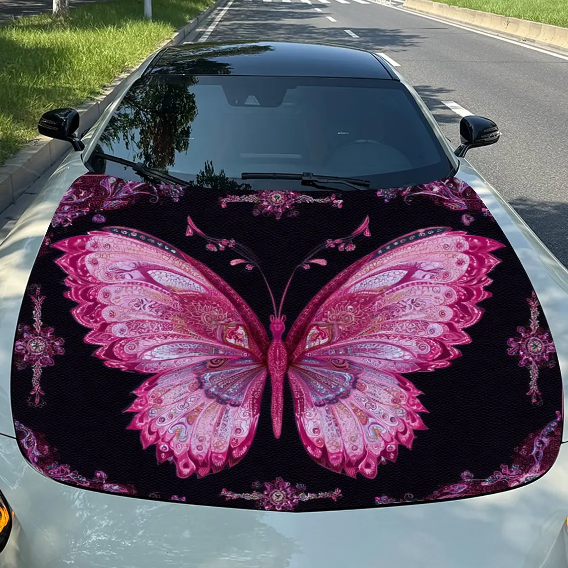 Car Decals Butterfly Design, featuring a vivid pink butterfly with intricate patterns, exuding a delicate and vibrant aura Car H