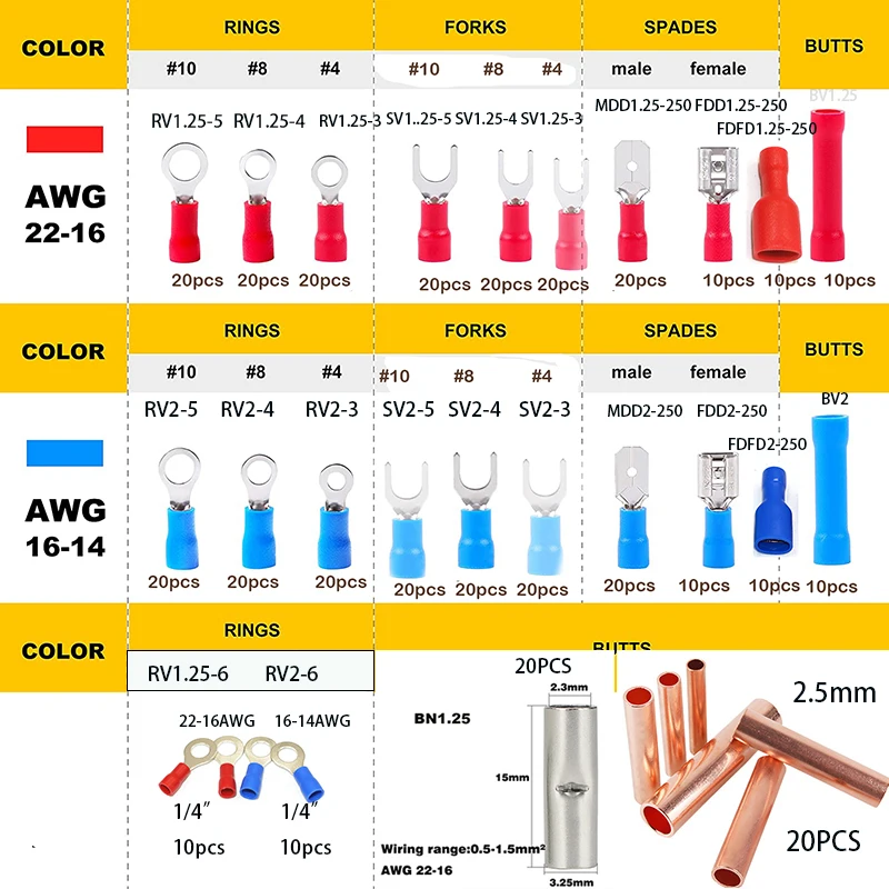 400 Pcs Insulated Wire Connectors Assorted Crimp Terminal Kit - Quick Disconnect Ring Spade Butt Fork