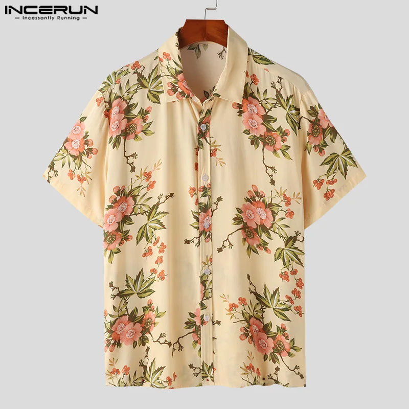 

Fashion Casual Style Tops INCERUN Handsome Men's Floral Print Shirts Vacation Hot Selling Male Lapel Short Sleeved Blouse S-5XL