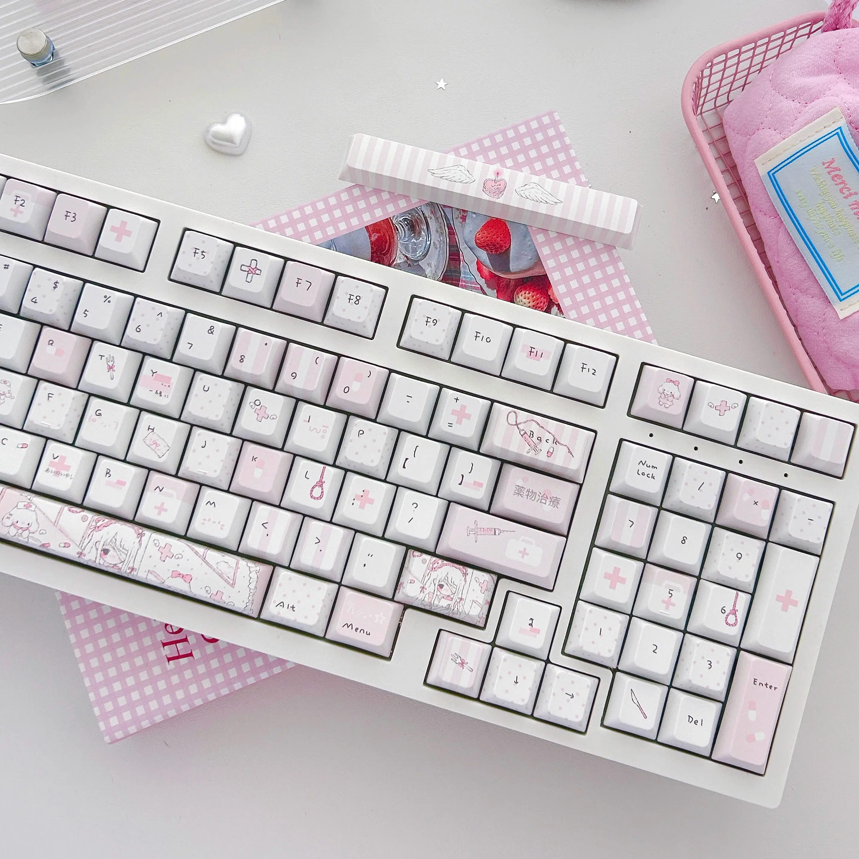 Anime Pink Keycaps Cherry Profile PBT Sublimation Keycap for MX Switches Alice ISO Layout Mechanical Keyboard L-Shaped Enter Key
