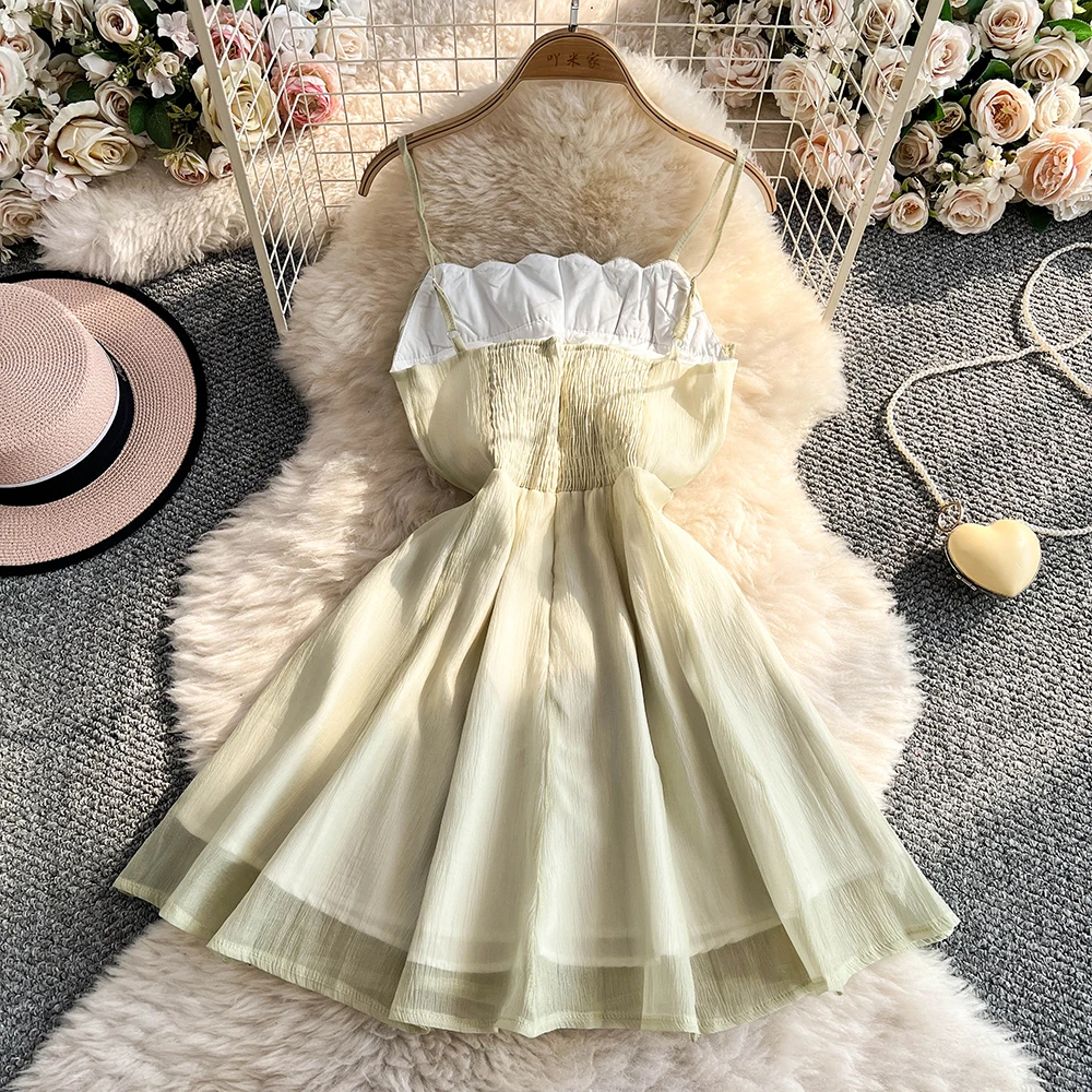 夏の背中の開いたスリップドレスレディース女性シックな A ラインノースリーブミニドレスエレガントな気質妖精フロック 18-24Y