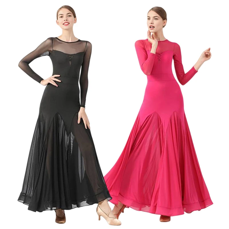 

Платье для современного танца для взрослых, женский костюм для бальных танцев, костюм для вальса, элегантная танцовщица, большая распашная юбка с длинными рукавами