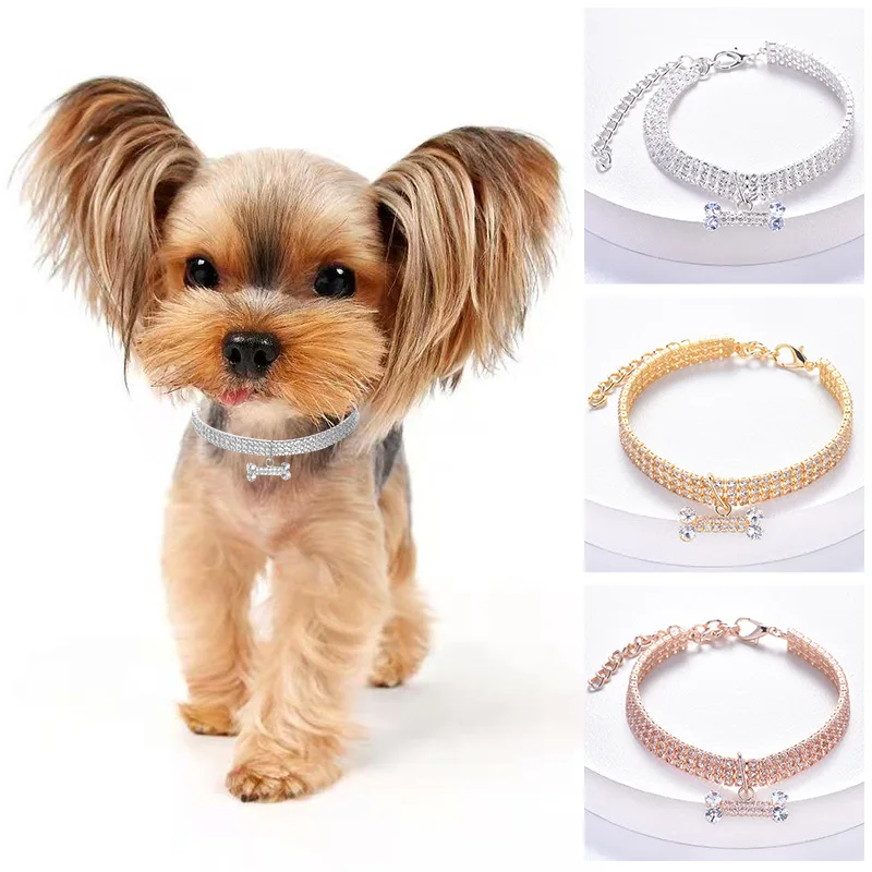 

3 Rows Mixed Color Stretch Rhinestone Pet Collar Cat and Dog Jewelry Diamond Inlaid Pet Bone Dog Collar Accessories with Elastic