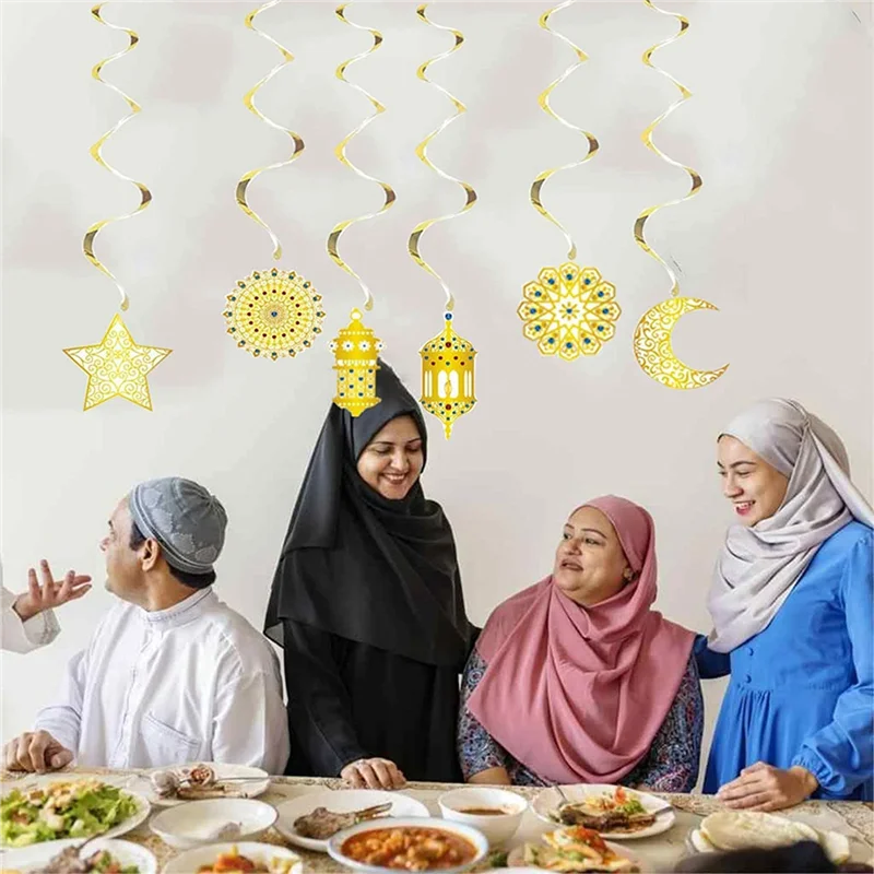 Ramadan Eid Mubarak Decoration Eid Al-Adha Decoration Gold Hanging Swirls Decorations Moon,Stars and Eid Lantern Garland