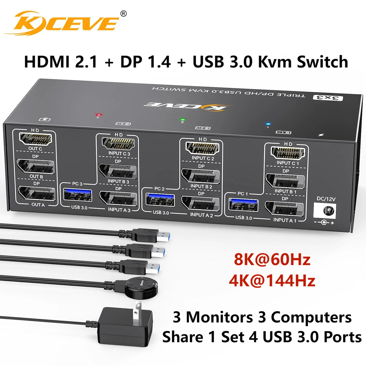 

KCEVE 2 Displayport + HDMI USB 3.0 KVM Switch 3 Monitors 3 Computers 8K@60Hz 4K@144Hz Triple Monitor KVM with 4 USB 3.0 Ports