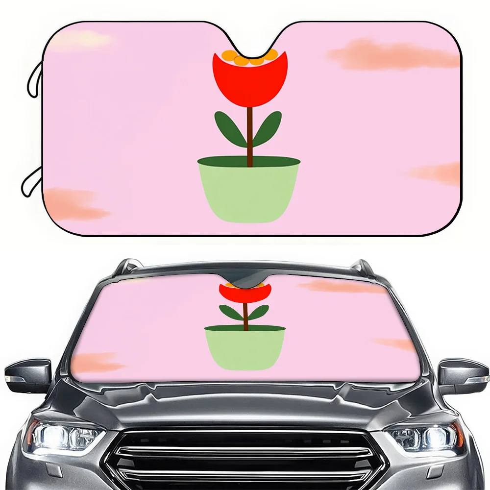 A Car Sunshade Featuring Red Flowers With Orange Centers, Designed For Use As A Front Windshield Cover. It Has High-Definition P