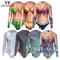 VIP FASHION Womens Mermaid Costumes Fish Scales Shell Bodysuit 3D Print Sexy Swimsuit Long Sleeve Cosplay Outfit Swimwear