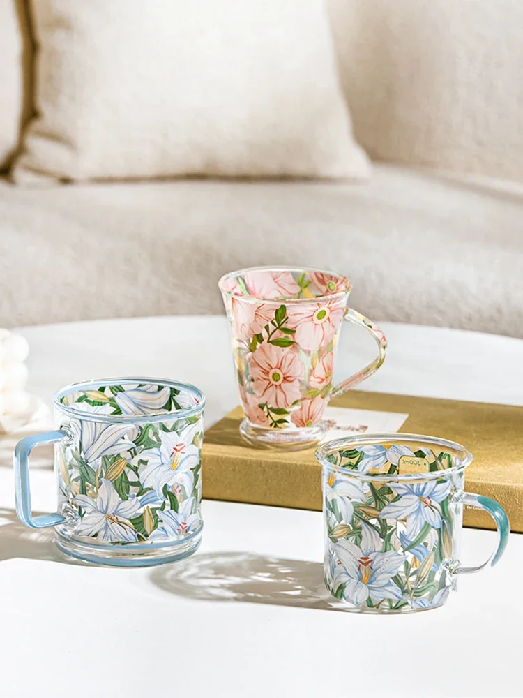 Heat Resistant Glass Cup Cybil Lilies Flower Design Water Coffee Drinking Cup High Aesthetic Value Home Use Gift