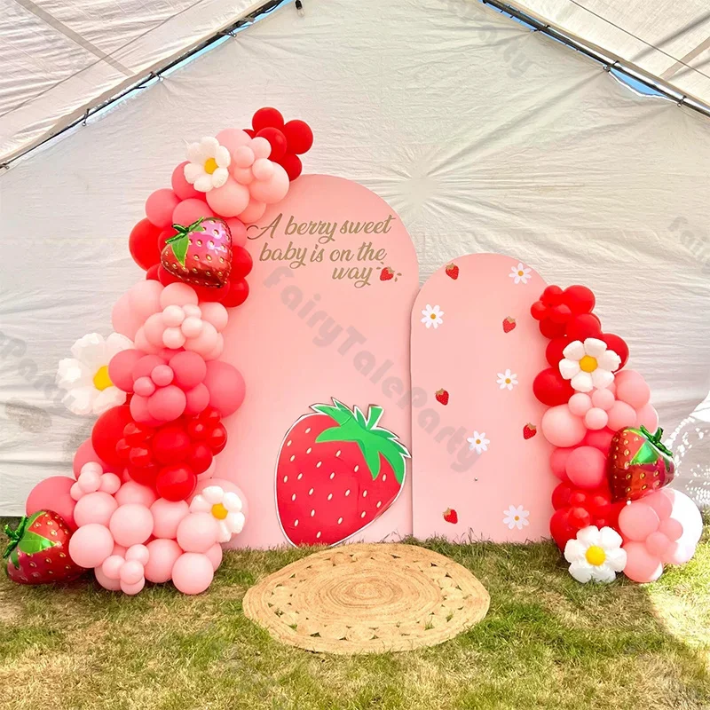 124pcs Matte Red and Pink Balloon Combo Set with Strawberry and Daisy Foil Balloonsfor Valentine's Day Baby Shower