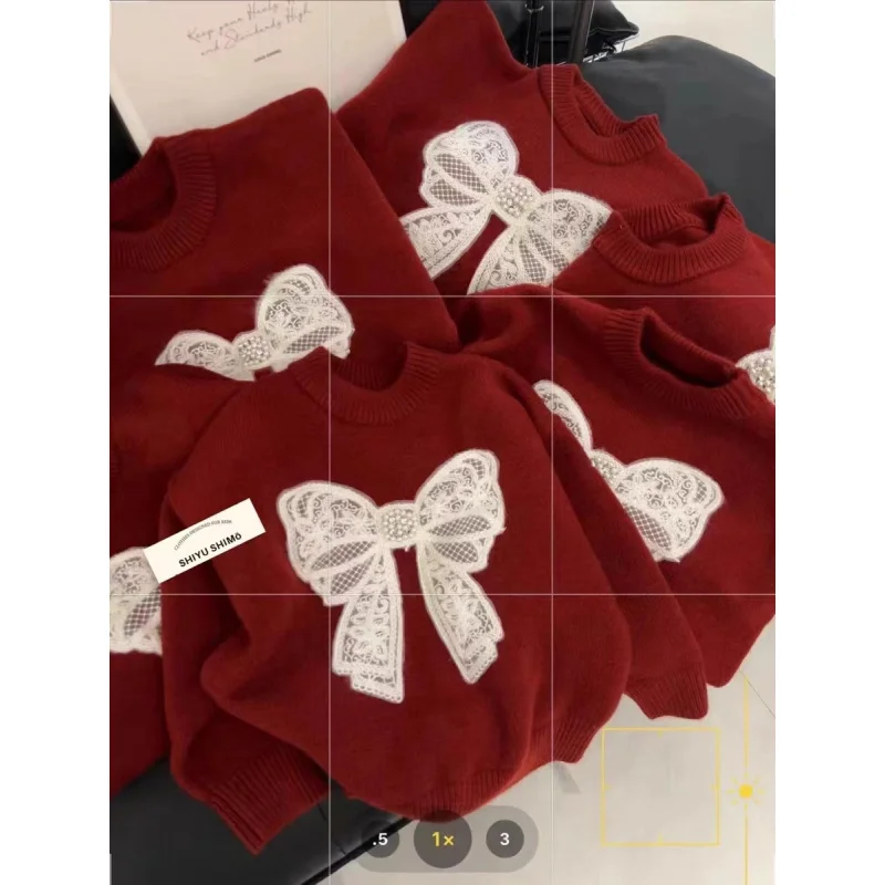 

Girls' Thickened Sweater Autumn Winter Sweet Top for Children Stylish Bow Pullover Knitwear for Toddlers and Young Girls