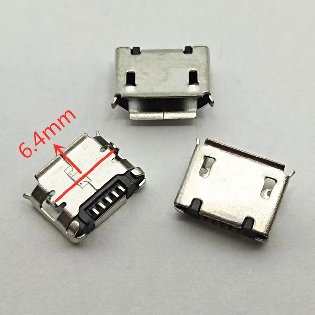 100 szt. Złącze Micro USB mini 5-pinowe 6,4 mm z zakrzywionymi krawędziami, krótkie nóżki, 5P DIP2, port do transmisji danych, port ładowania, złącze do telefonów komórkowych.