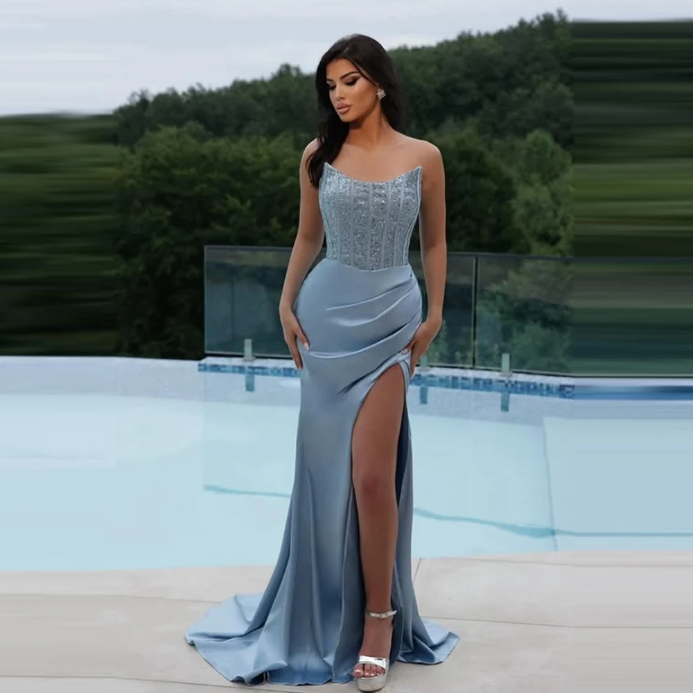 

2025 Sweetheart Collar Women Evening Dresses Sexy Sleeveless Side High Slit Prom Gowns Banquet Vestidos De Noches Customized