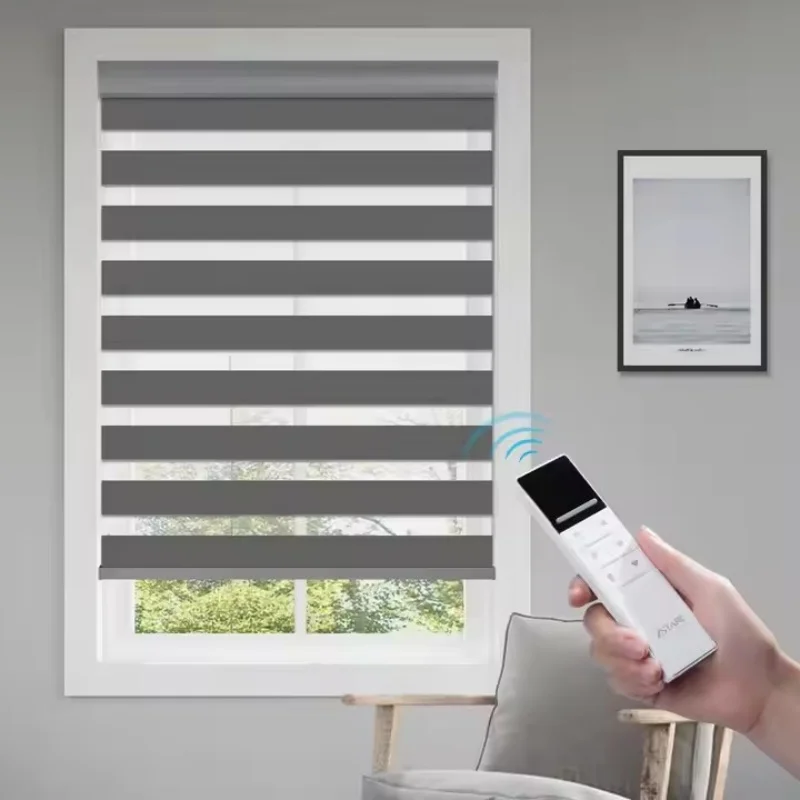 

Wholesale Direct Sale Double Layer Waterproof Fabric Smart Control With Solar Panel Motorized Zebra Roller Blinds For Bedroom