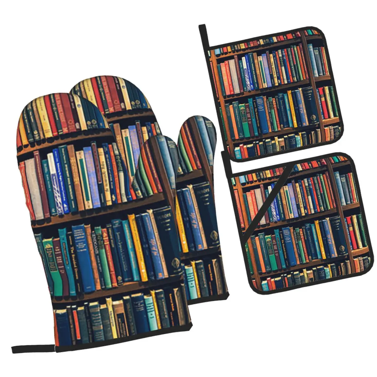 Education Library Book Oven Mitts and Pot Holder Sets of 4 for Baking Kitchen Cooking Grilling Resistant Non-Slip Gloves