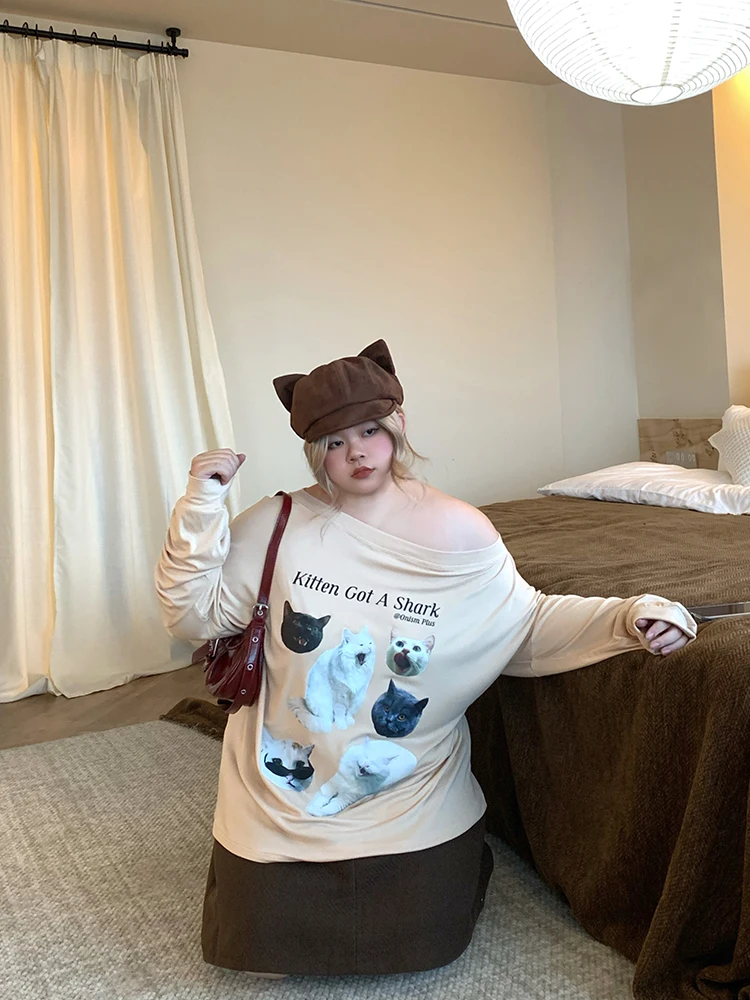 

Оригинальная женская футболка большого размера с асимметричным принтом и длинным свечом, свободный вязаный топ в Корейском стиле