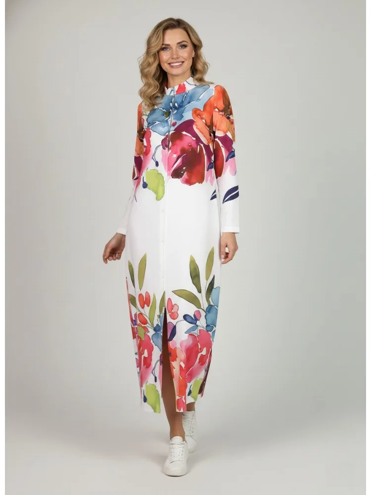 2026 Spring New Women's Casual Art Maxi Dress Floral Print Lapel Collar Long Sleeve Buttoned Shirt Dress Loose Fit Casual Dress