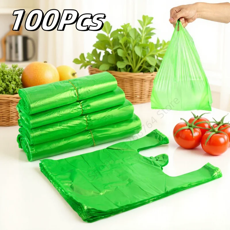 100 Stück grüne Plastiktüten, Einweg-Küchen- und Wohnzimmer-Reinigungsbeutel, Lebensmittelverpackungsbeutel mit Griff, Einkaufstüten für den Supermarkt