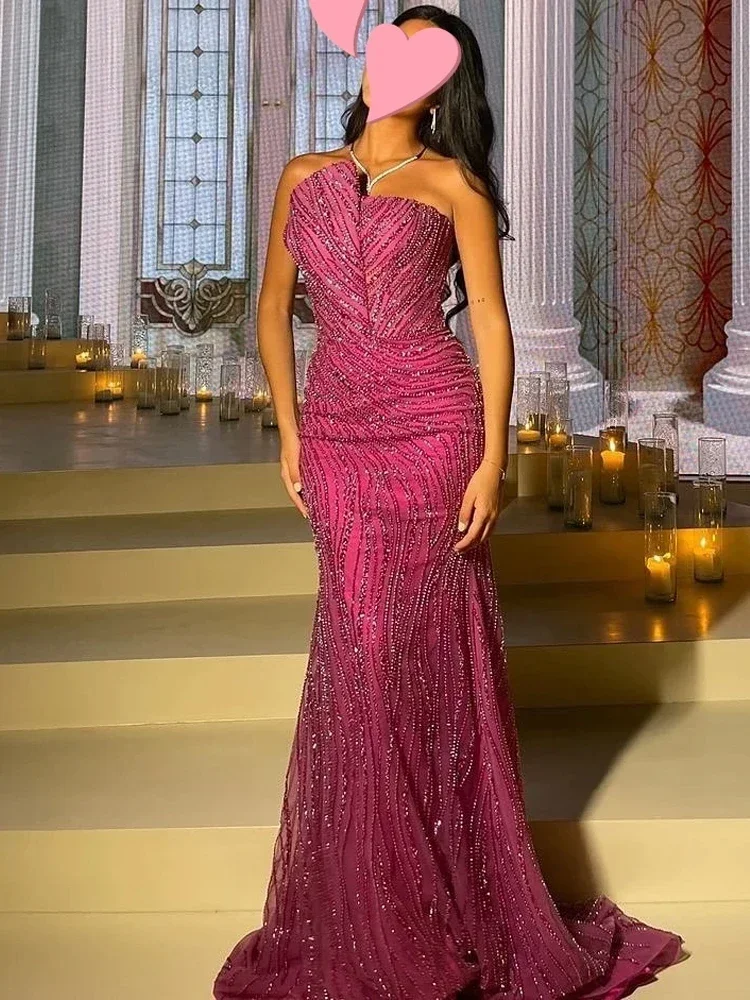 Customized Evening Dresses Elegant Vintage Sweet Sexy Pink Mermaid Beads Lace Formal Occasion Long Dresses Sparkle
