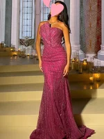 Vestidos de Noche personalizados de alta calidad, elegante, Vintage, dulce, Sexy, rosa, cuentas de sirena, encaje, ocasión Formal, vestido largo brillante