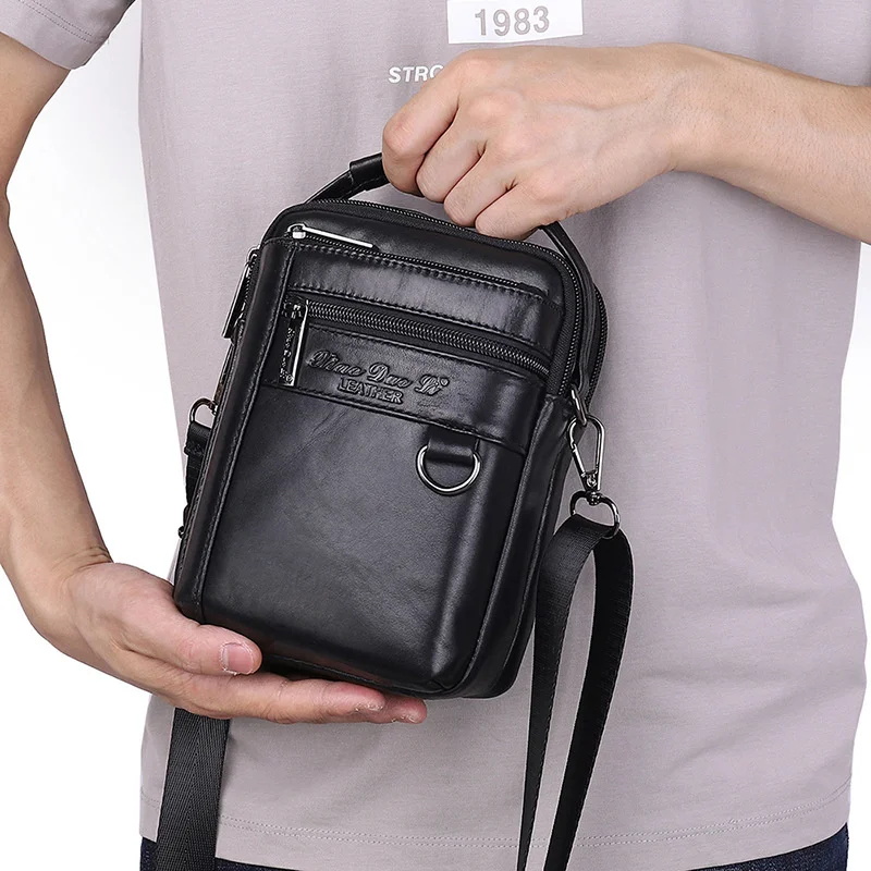 Men\'s waist bag multi functional Mini Crossbody one shoulder bag leather 7 inch mobile phone waist bag Korean fashion