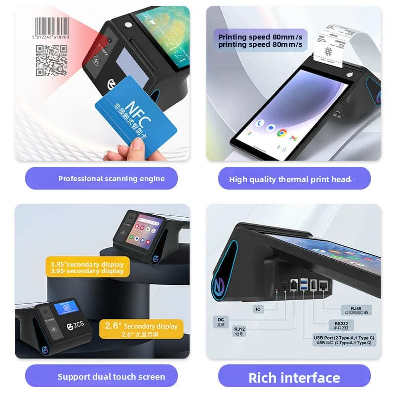 Handheld cash register and scan code all-in-one machine Android dual-screen cash register,catering and hotel smart pos end point