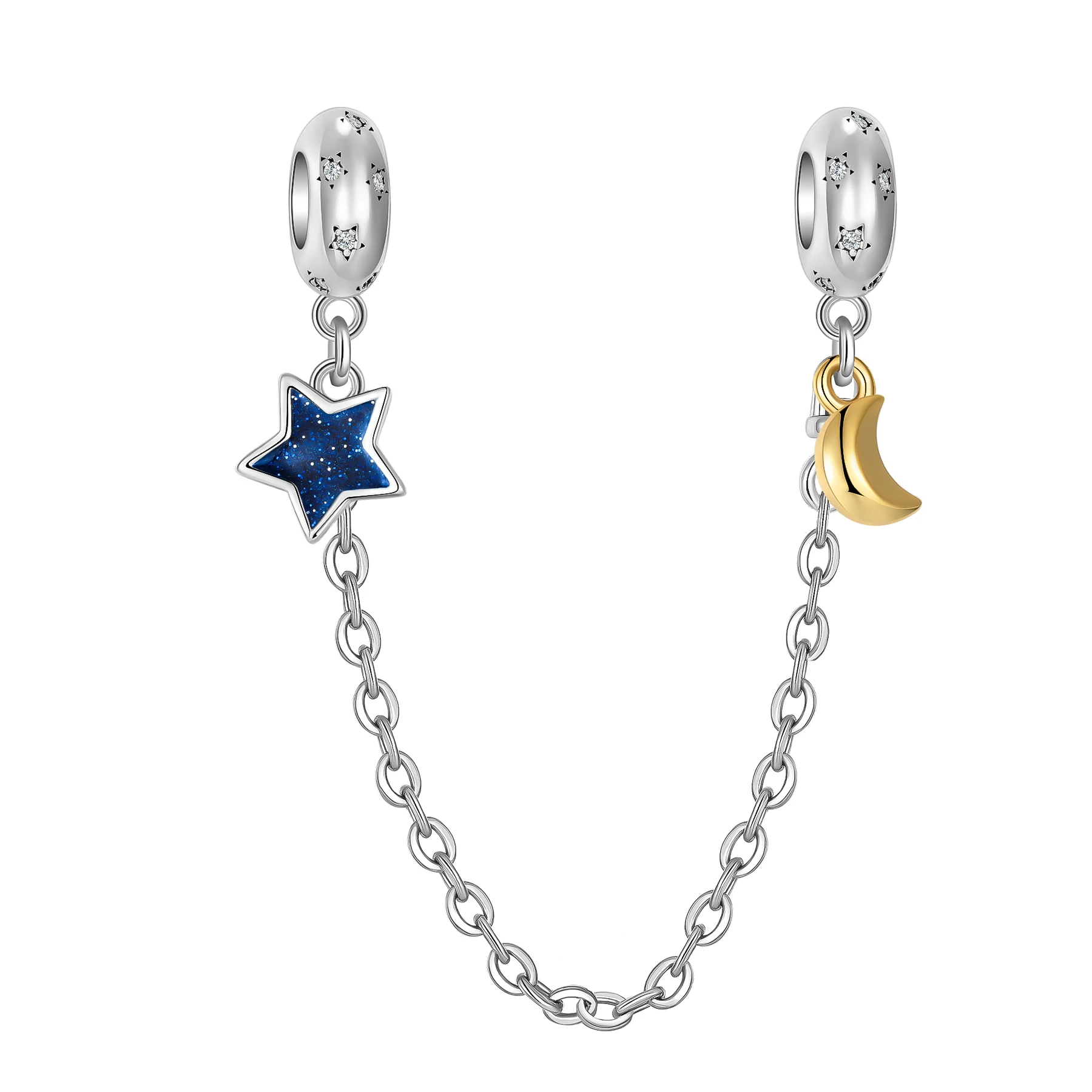 

925 Sterling Silver Blue Star Moon Safety Chain Pendant Charm Fit Original Pandora Charms Bracelets Women DIY Jewelry Gift