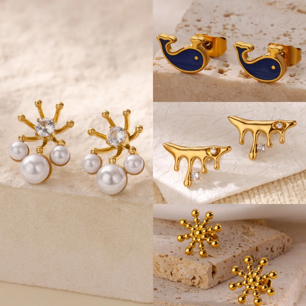 

10 Pairs Snowflake Imitation Pearl Women's Earrings Stainless Steel Zirconia Minimalist Jewelry Earring Christmas Gift Wholesale