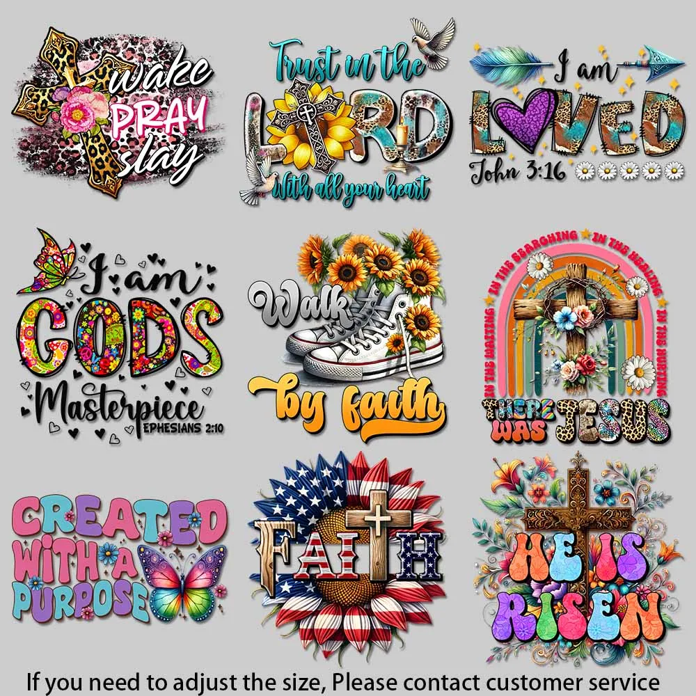 

Religious DIY Iron On Patch - Colorful Scripture GOD IS STILL WRITING YOUR STORY with Hand-Drawn Cross & Flowers for Apparel