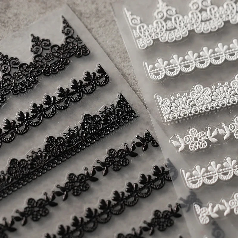 

Black White Flowers Design Vintage Lace 5D Soft Embossed Reliefs Self Adhesive Nail Art Stickers Retro French 3D Manicure Decals