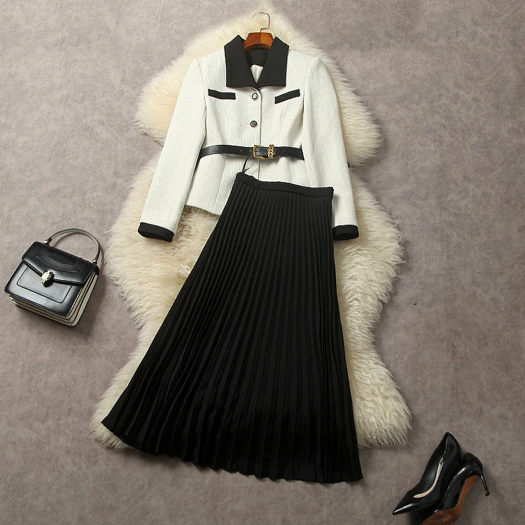 

European and American women's clothing 2023 autumn new Long-sleeved single-breasted belt jacket Pleated skirt Fashion suit