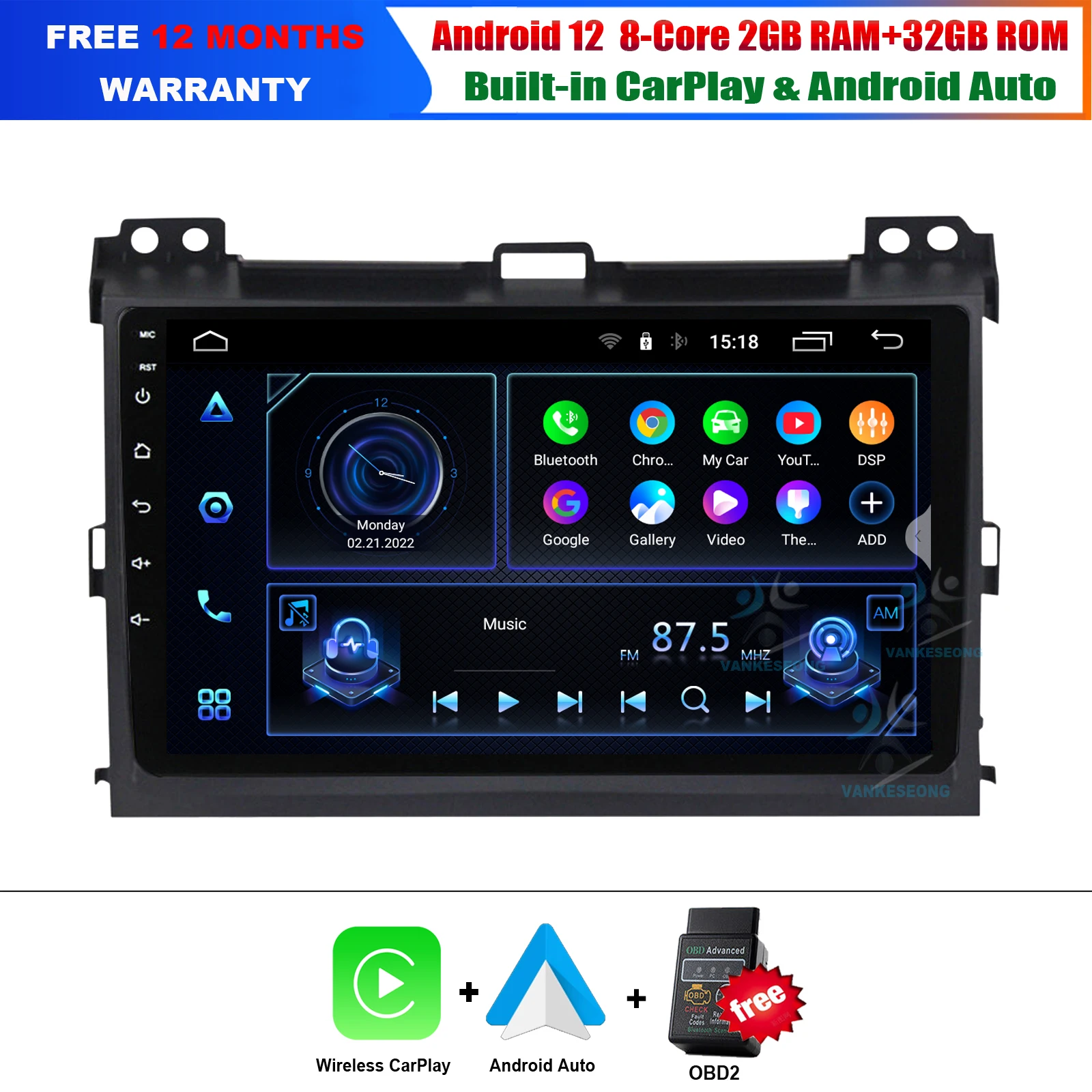 

9" Android 12 CarPlay Android Auto Car Multimedia Stereo Player ForToyota Land Cruiser Prado 120 3 2004-2009 GPS Radio Sat Navi