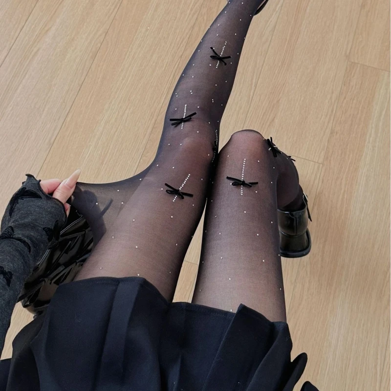 Multi Colors Bow Women Tights Fashion Design Female Sweet Crystal Pantyhose Lolita Sweet JK Slim Stretch Bottom Long Socks Woman