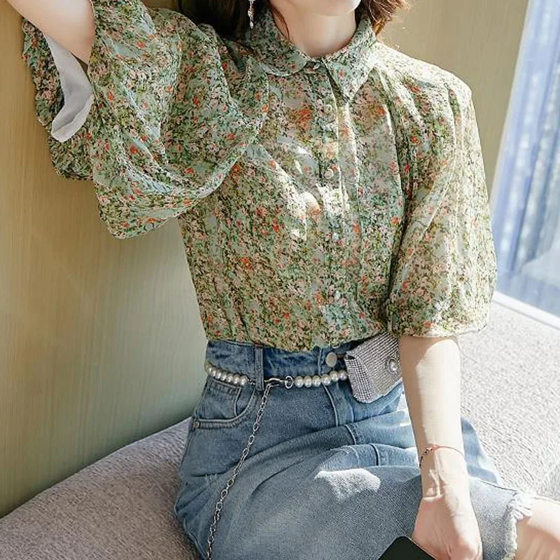 Women\'s Loose Elegant Puff Sleeve Floral Printed Blouse Summer Korean All-match Turn-down Collar Shirt Fashion Female Clothing