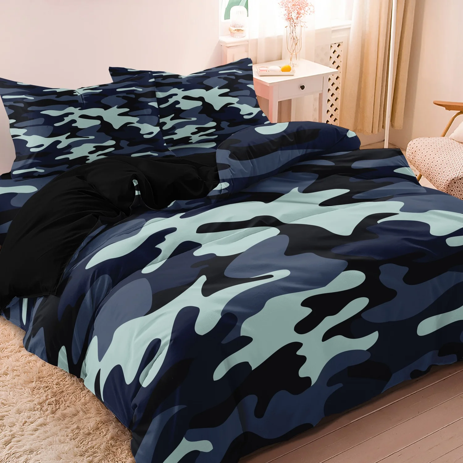 3pcs Duvet Cover Set, Blue-Black Camouflage Print Digital Printed Bedding Set, (1*Duvet Cover + 2*Pillowcase, No Core)