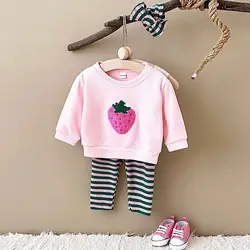 Fall Infant Girls Baby Clothes Suit Strawberry Embroidery Pullover Shirt+Leggings Pure Cotton Striped Stylish Elastic Waist