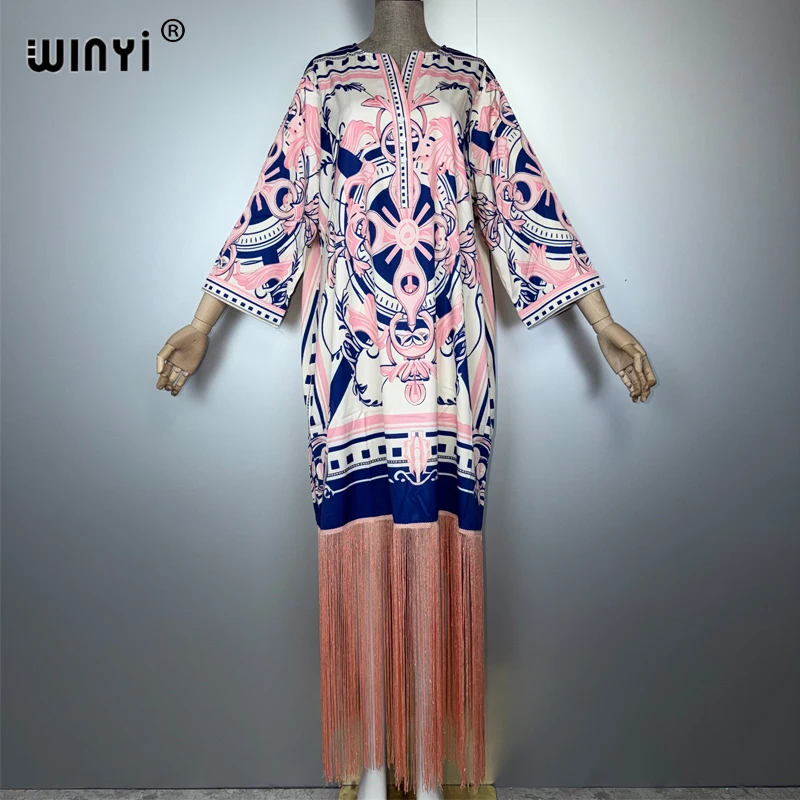 WINYI muslim woman tassels dresses boho print kaftan party Dress Middle East Female loose holiday abaya dubai luxury Caftan