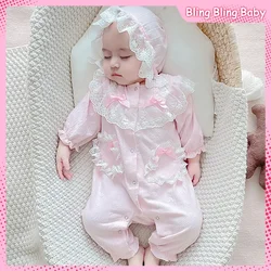 Cute Newborn One-Piece Pajamas Long Sleeve Spring Autumn Cotton Hat Detachable Casual Jumpsuit Baby Household Clothing Kids Gift