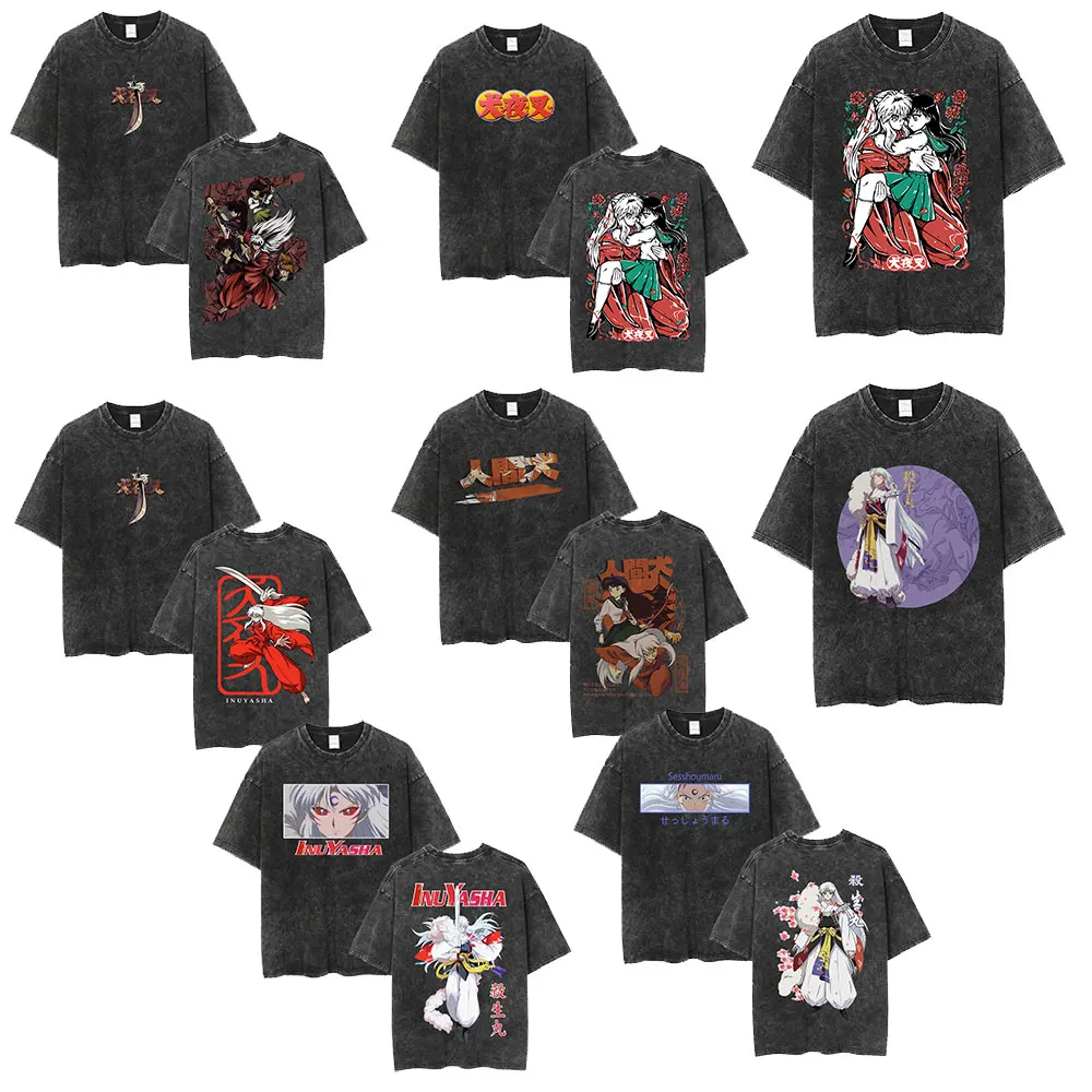 Anime Inuyasha Washed Vintage T Shirt Sesshoumaru Higurashi Kagome T-shirt Men's Cotton Short Sleeve Oversized T Shirts Couples