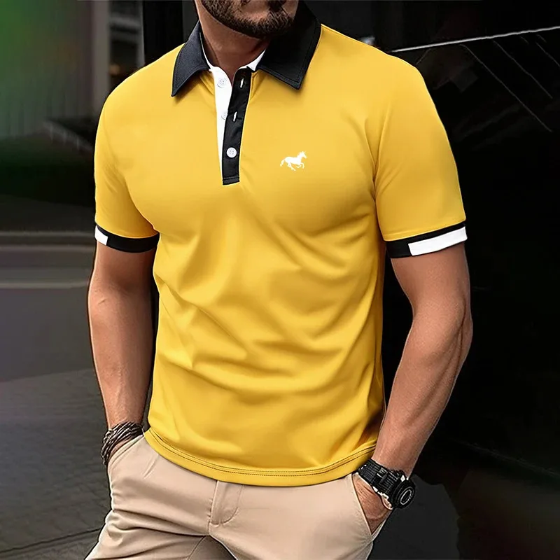 Men's summer new short-sleeved fashionable color-blocked lapel golf shirt, men's sporty button business casual golf shirt top